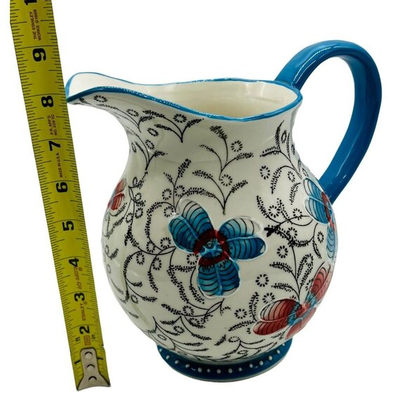 Dutch Wax Floral Pitcher Blue Red Flowers Handpainted Ceramic Coastline Imports - Picture 10 of 10